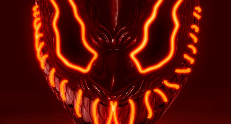 Monster masker led rood met rood oplichtende contouren en grijnzende tandenmuil voor Halloween