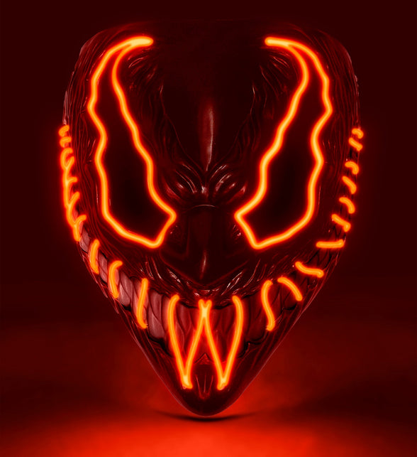 Monster masker led rood met rood oplichtende contouren en grijnzende tandenmuil voor Halloween