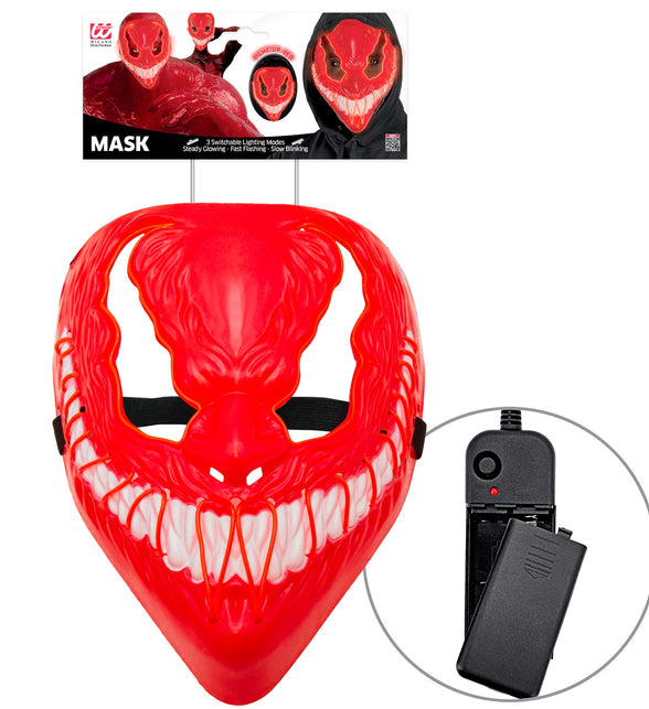Monster masker led rood in verpakking met los batterijkastje en zwarte elastieken band