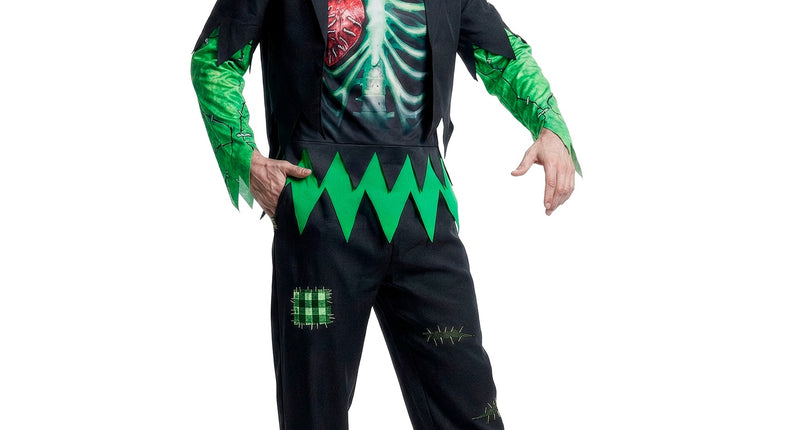 Monster pak Puck heren met zwarte jas, groene mouwen en ribbenkastprint voor Halloween