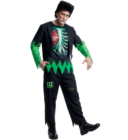 Monster pak Puck heren met zwarte jas, groene mouwen en ribbenkastprint voor Halloween