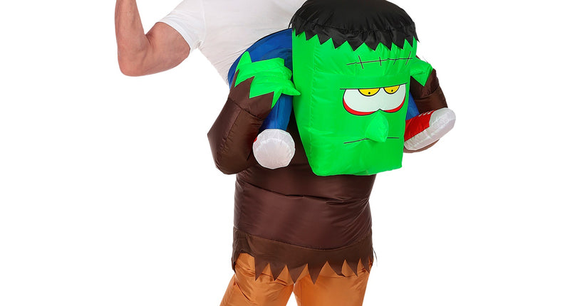 Monster rijder pak Jurre met groen monsterhoofd, bruine romp en okerkleurige benen voor Halloween