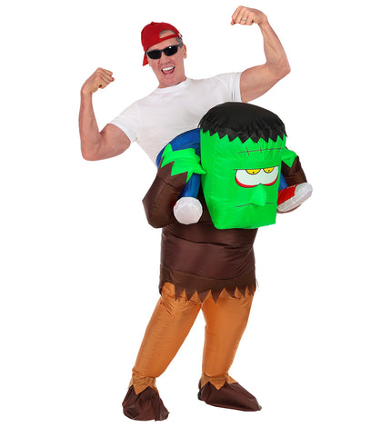 Monster rijder pak Jurre met groen monsterhoofd, bruine romp en okerkleurige benen voor Halloween