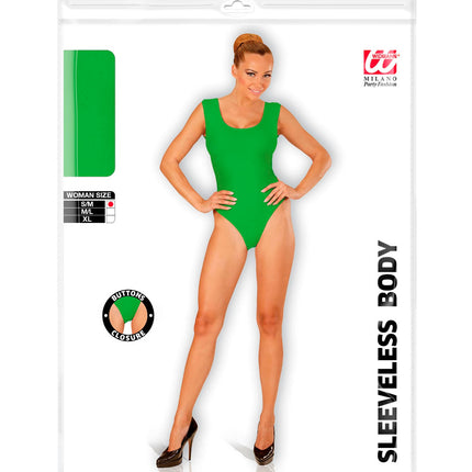 Mouwloze body groen voor dames in verpakking met maten S/M, M/L, XL en knoopsluiting in het kruis