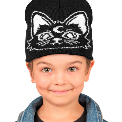 Muts kat op jongen, zwarte beanie met witte katprint voor Halloween