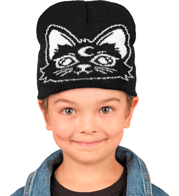 Muts kat op jongen, zwarte beanie met witte katprint voor Halloween