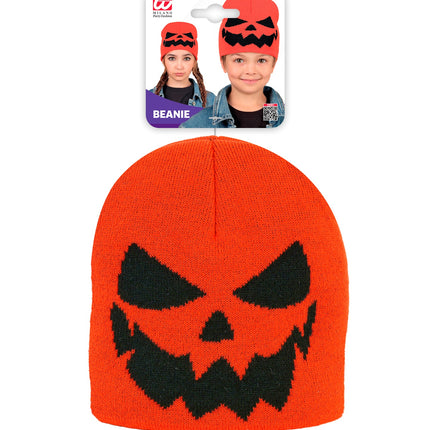 Muts pompoen in verpakking, oranje beanie met zwarte jack-o-lantern-grijns