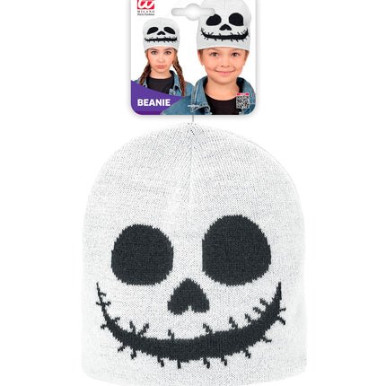 Muts spook in verpakking met kaartje, witte beanie met skeletprint