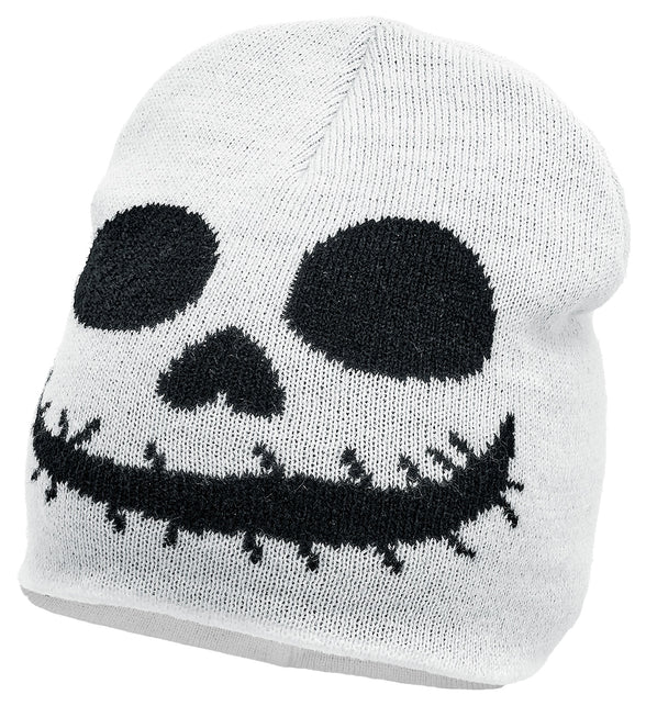 Muts spook wit gebreid met zwart skeletgezicht en grijnzende mond voor Halloween