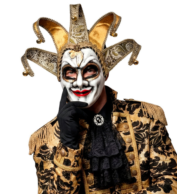 Narrenmasker Venetiaans gedragen door heer, rode lippen en zwart omlijnde ogen