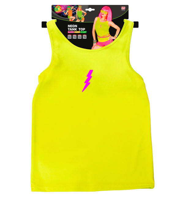 Neon geel hemdje plat gelegd in verpakking, felgele tanktop met roze bliksemprint