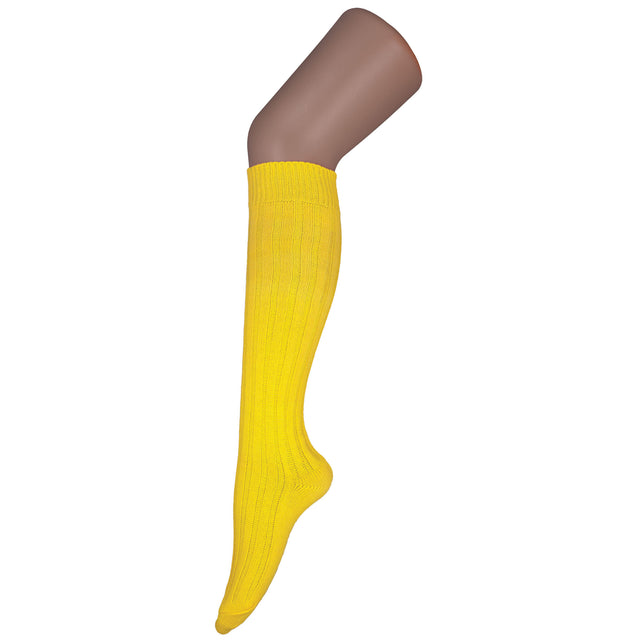 Neon gele kniekousen 60 cm, ribgebreide felgele kousen tot over de knie voor een jaren 80-feest