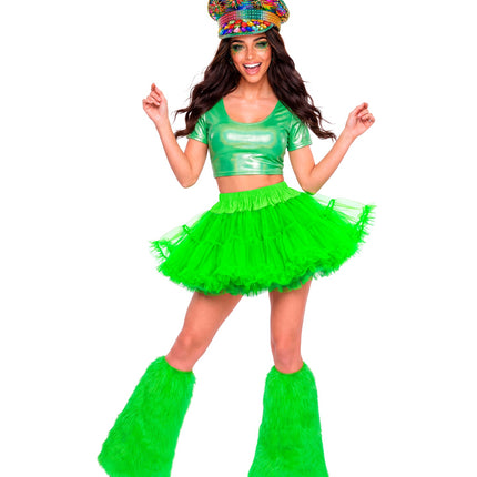 Neon groene tutu dames in een jaren 80-look op een discoavond, wijd uitstaande tule