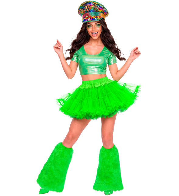 Neon groene tutu dames in een jaren 80-look op een discoavond, wijd uitstaande tule