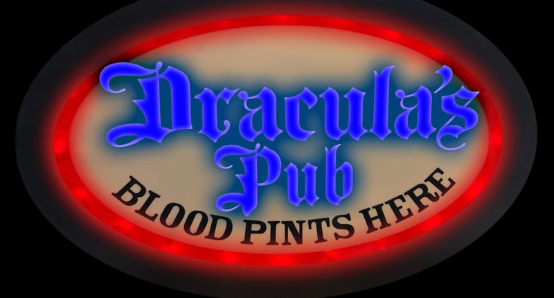 Neon licht Dracula's Pub, ovaal ledbord met blauwe gotische letters en rode lichtrand voor Halloween