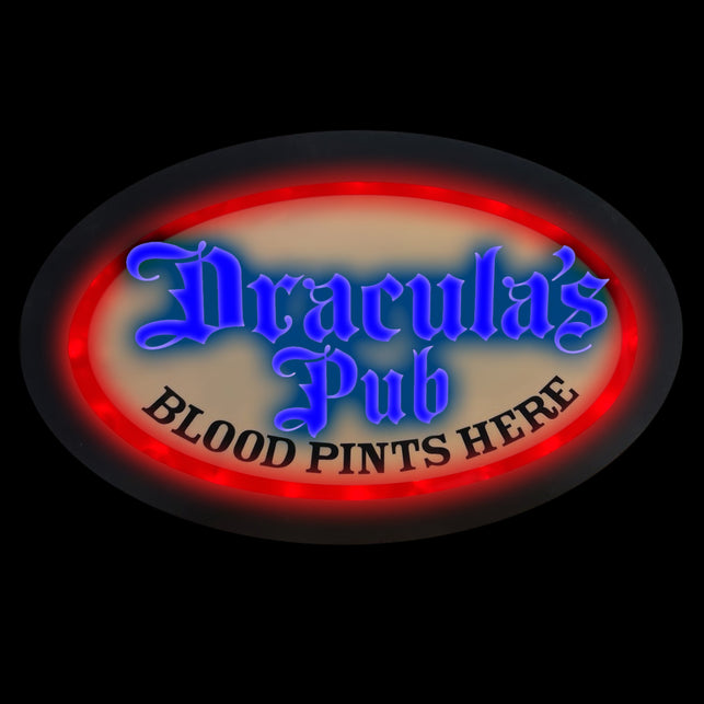 Neon licht Dracula's Pub, ovaal ledbord met blauwe gotische letters en rode lichtrand voor Halloween