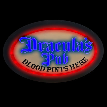 Neon licht Dracula's Pub, ovaal ledbord met blauwe gotische letters en rode lichtrand voor Halloween