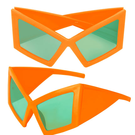 Neon oranje feestbril oversized, glanzend kunststof montuur met brede poten, twee aanzichten