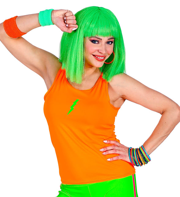 Neon oranje shirt dames, mouwloze tanktop met groene bliksemschicht, vooraanzicht jaren 80-feest