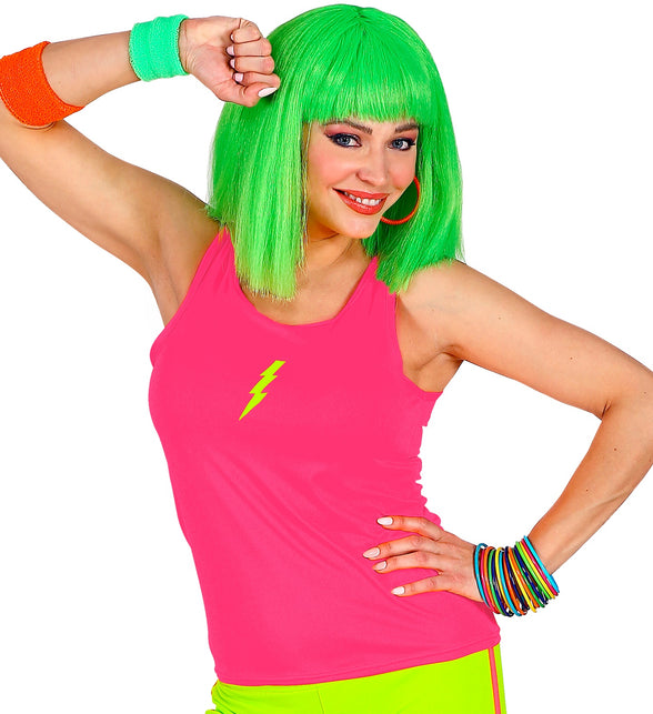 Neon roze hemdje met neongele bliksemopdruk, mouwloze damestop voor een jaren 80-feest