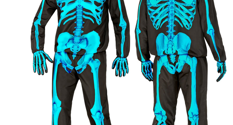 Neon skelet kostuum Harry, blauwe bottenprint op zwart, voor- en achterzijde, voor Halloween
