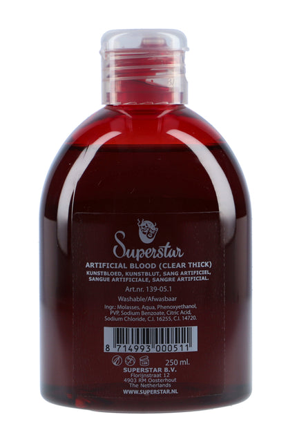 Nep bloed fles van 250 ml met donkerrode vloeistof en doorzichtige klapdop, voor Halloween