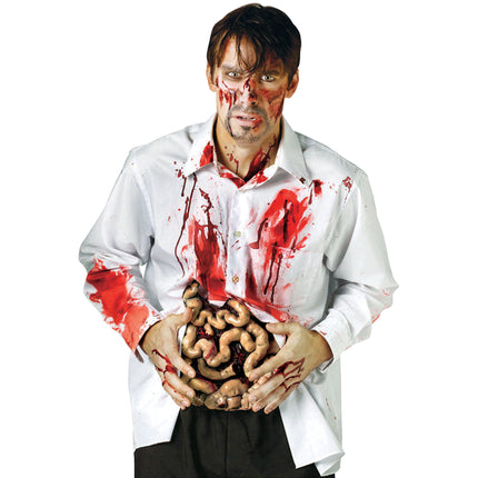 Nep darmen voor zombie dokter gedragen over een bebloed wit hemd, zombielook voor Halloween
