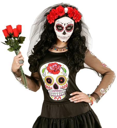 Nep gouden halsketting met steentjes bij een sugar skull look voor Halloween