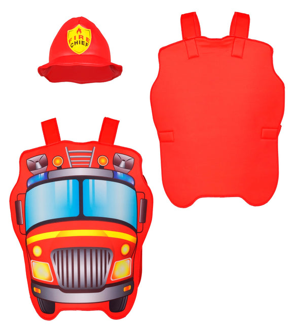 Onderdelen brandweer pak kind: helm en tabard met print aan de voorkant, rood aan de achterkant