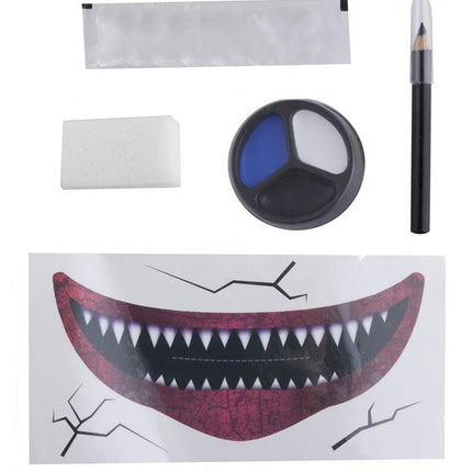 Onderdelen horror clown make up-set: palet zwart, wit en blauw, make-upstift, spons en tandensticker
