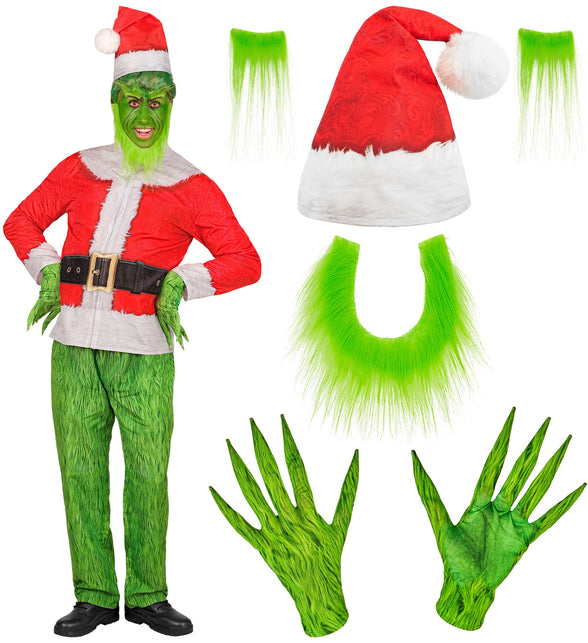 Onderdelen van het kerst monster kostuum: kerstmuts, groene baard, wenkbrauwen en handschoenen