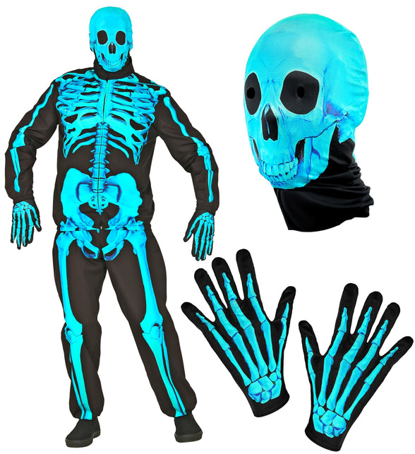 Onderdelen neon skelet kostuum Harry: schedelmasker en handschoenen met botprint