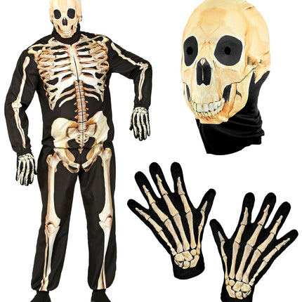 Onderdelen van het skelet kostuum Isaack: schedelmasker met halsstuk en handschoenen met botopdruk
