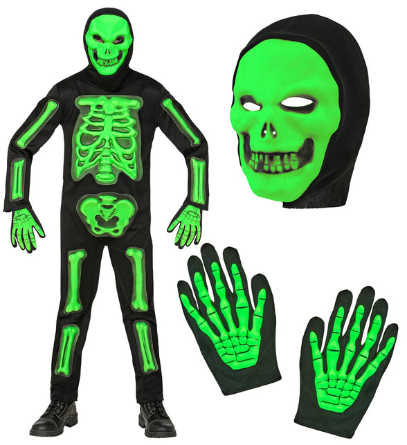 Onderdelen van het skelet pak 3D groen: jumpsuit, groen doodskopmasker met capuchon en skelethandschoenen