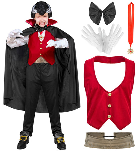 Onderdelen van het vampier kostuum: rood vest met gouden knopen, goudbeige heupband, zwarte vlinderdas en ketting