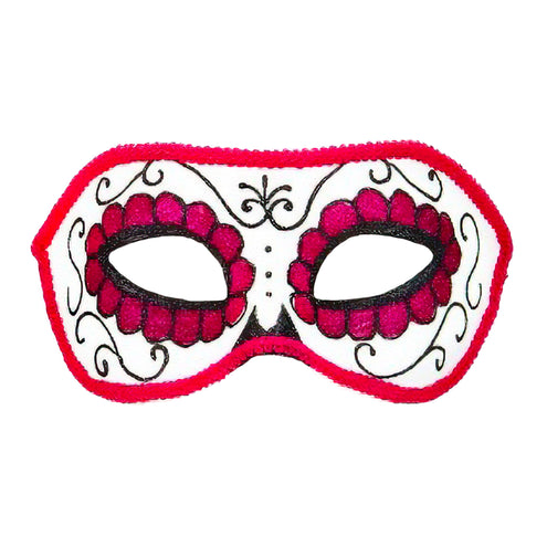Oogmasker dia de los muertos wit met roze bloemogen, zwarte krullen en rode bies