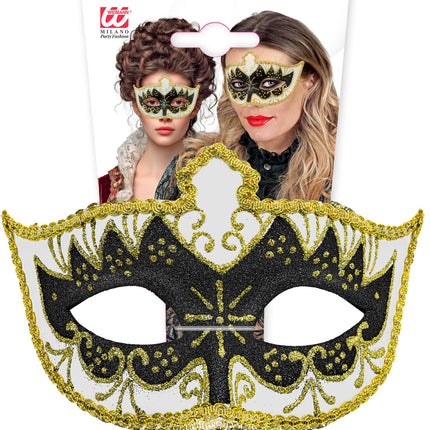 Oogmasker venetiaans dames in verpakking, wit halfmasker met goudkleurige rand