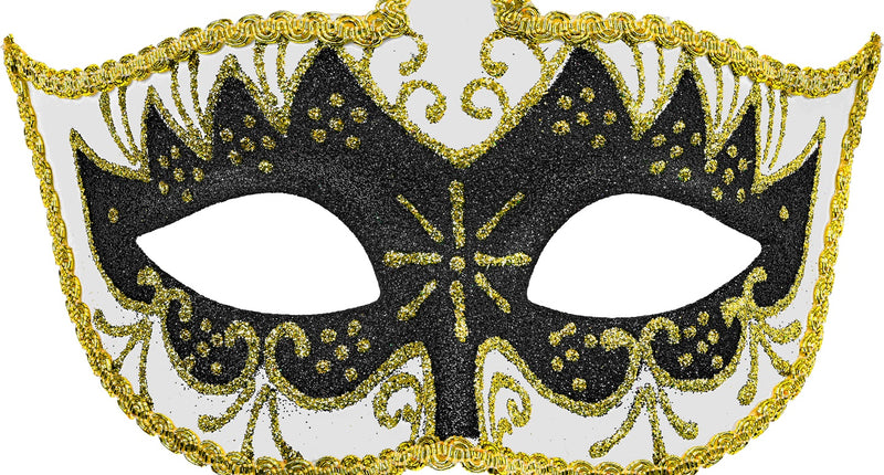 Oogmasker venetiaans wit met zwart glitter, gouden krullen en gevlochten gouden sierband