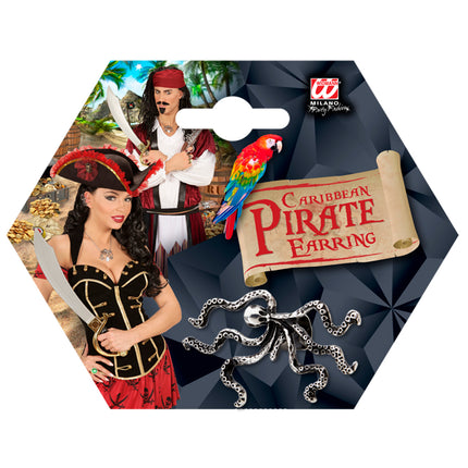 Oorbel Octopus in de verpakking, zilverkleurige octopus met tentakels voor een piratenlook