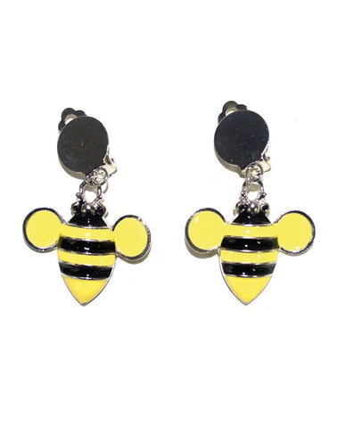Oorbellen bij in geel met zwarte strepen, twee bijtjes met ronde vleugels aan zilverkleurige clips