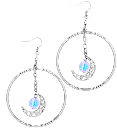 Oorbellen mystiek dames: zilverkleurige ringen met maansikkel en blauwpaarse parel