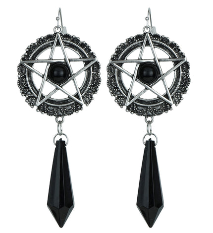 Oorbellen satanisch Zoë in zilver en zwart met pentagram en facetgeslepen druppelhanger