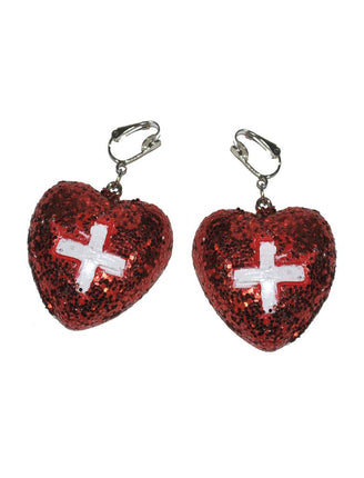 Oorbellen verpleegster rood, hartvormige clipoorbellen met glitter en wit kruis voor een themafeest