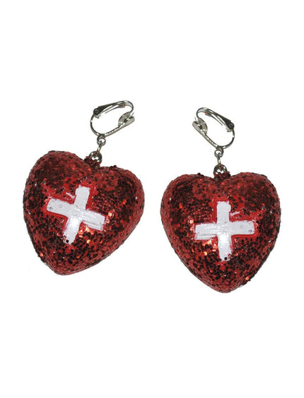 Oorbellen verpleegster rood, hartvormige clipoorbellen met glitter en wit kruis voor een themafeest