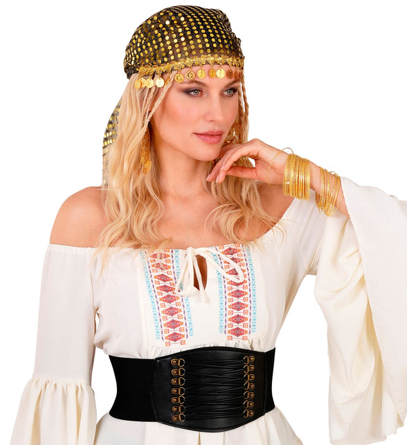 Oosterse hoofddoek goud met munten langs het voorhoofd, gedragen op een themafeest