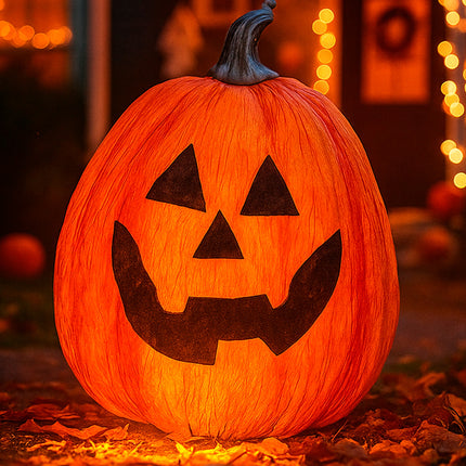 Oplichtende halloween pompoen bij de voordeur tussen herfstblad op een halloweenavond