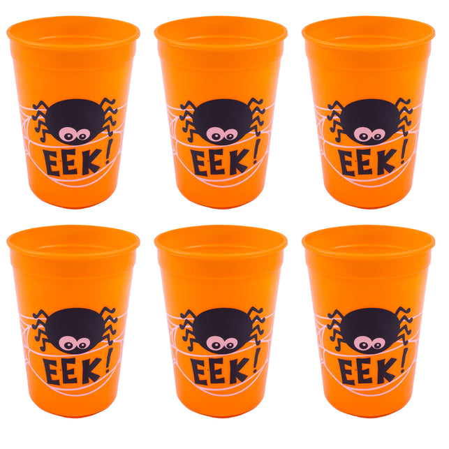 Oranje drink bekers met spinnenweb print en zwarte spin met EEK!-opdruk voor Halloween