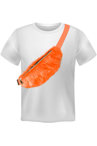 Oranje pluche heuptasje schuin over de schouder gedragen op een wit shirt, voor Koningsdag