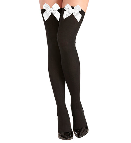 Overknee-kousen zwart met witte satijnen strik voor dames, dekkend nylon tot over de knie
