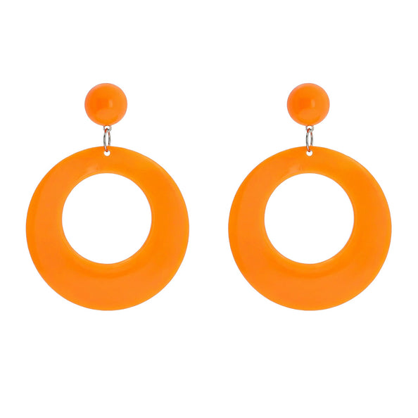 Paar retro oorbellen neonoranje met open ronde hanger en oranje bolletje